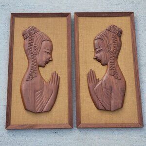Pair of 2 Framed MCM Asian Women Girls Praying Burlap Background Wood Relief 3D